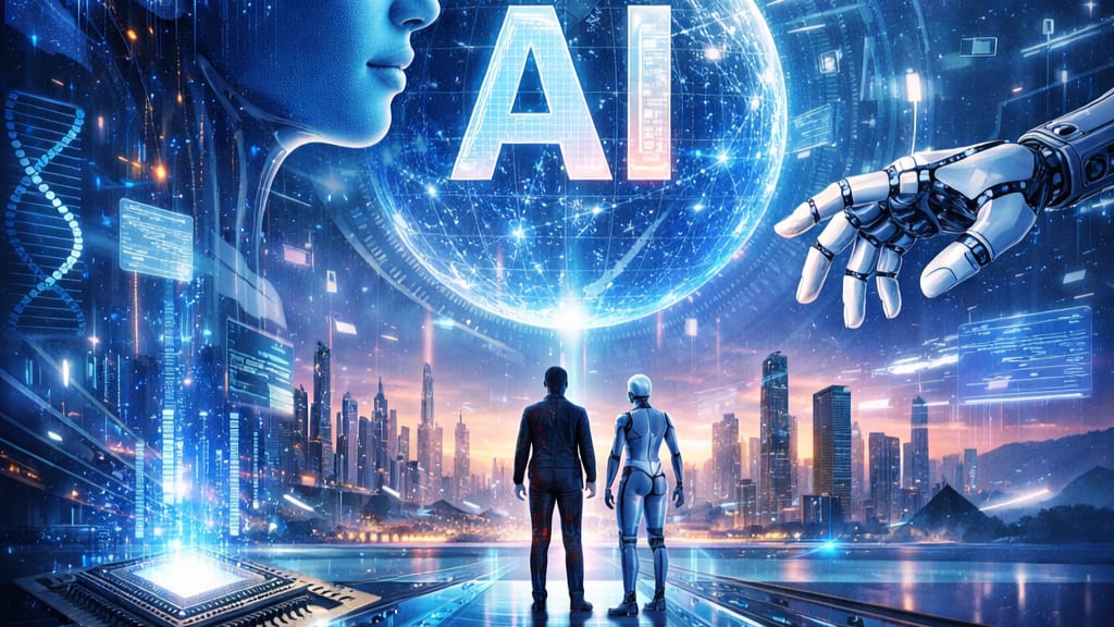 The future of AI, illustrated as a person and a robot looking out over a futuristic city